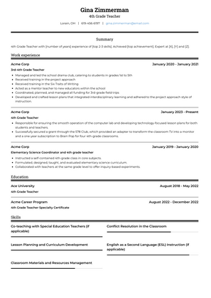 4th Grade Teacher Resume Sample and Template