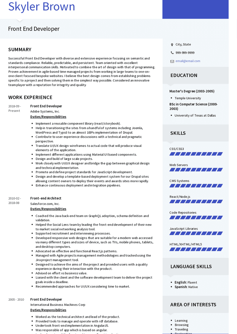 Front End Developer Resume Sample and Template