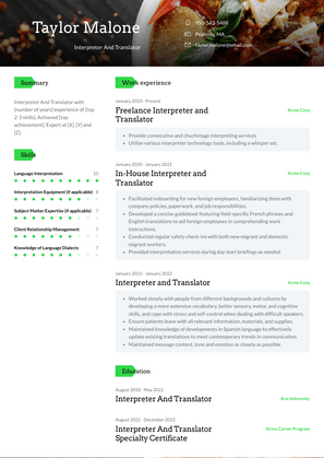 Interpreter And Translator Resume Sample and Template