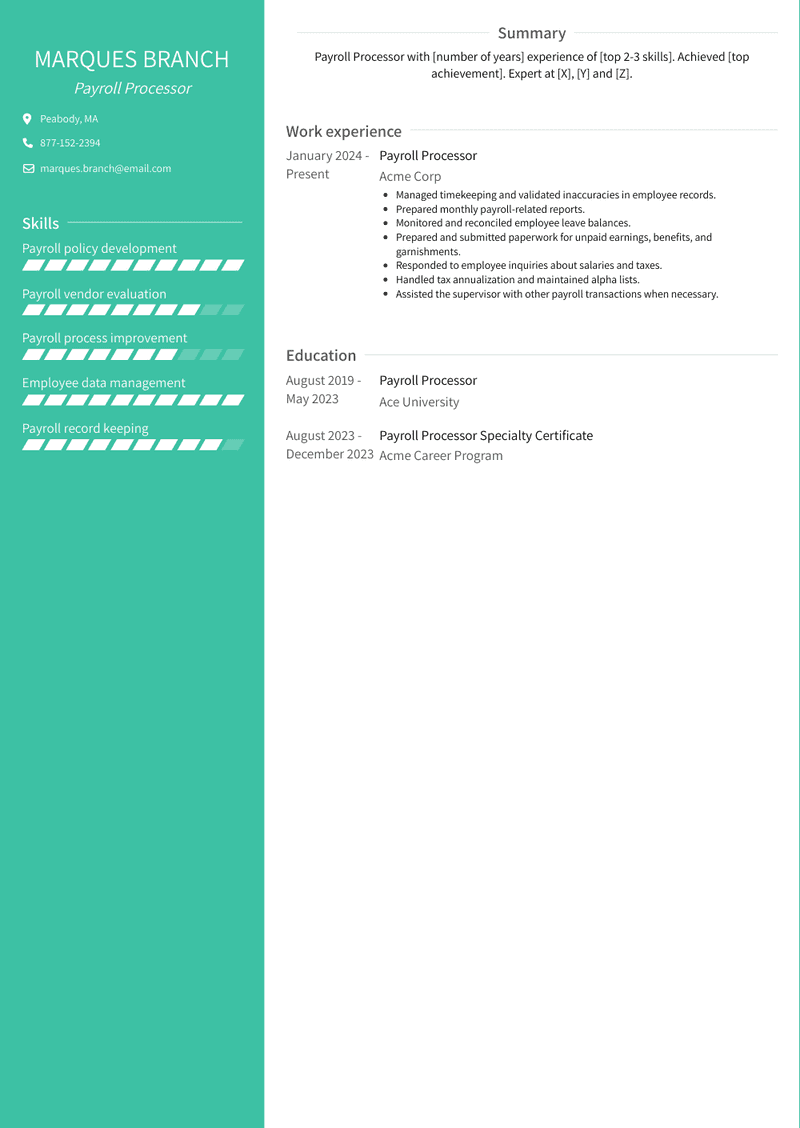 Payroll Processor Resume Sample and Template