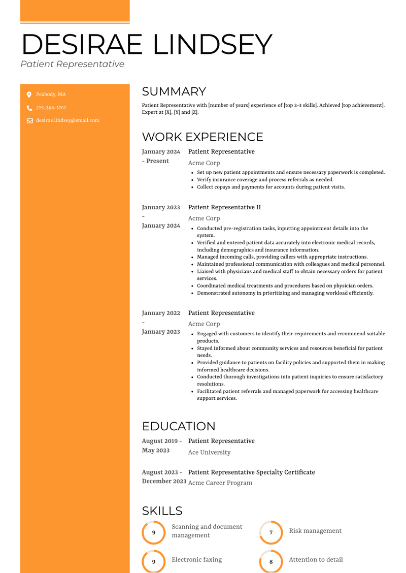 Patient Representative Resume Sample and Template