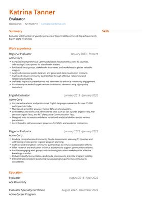 Evaluator Resume Sample and Template