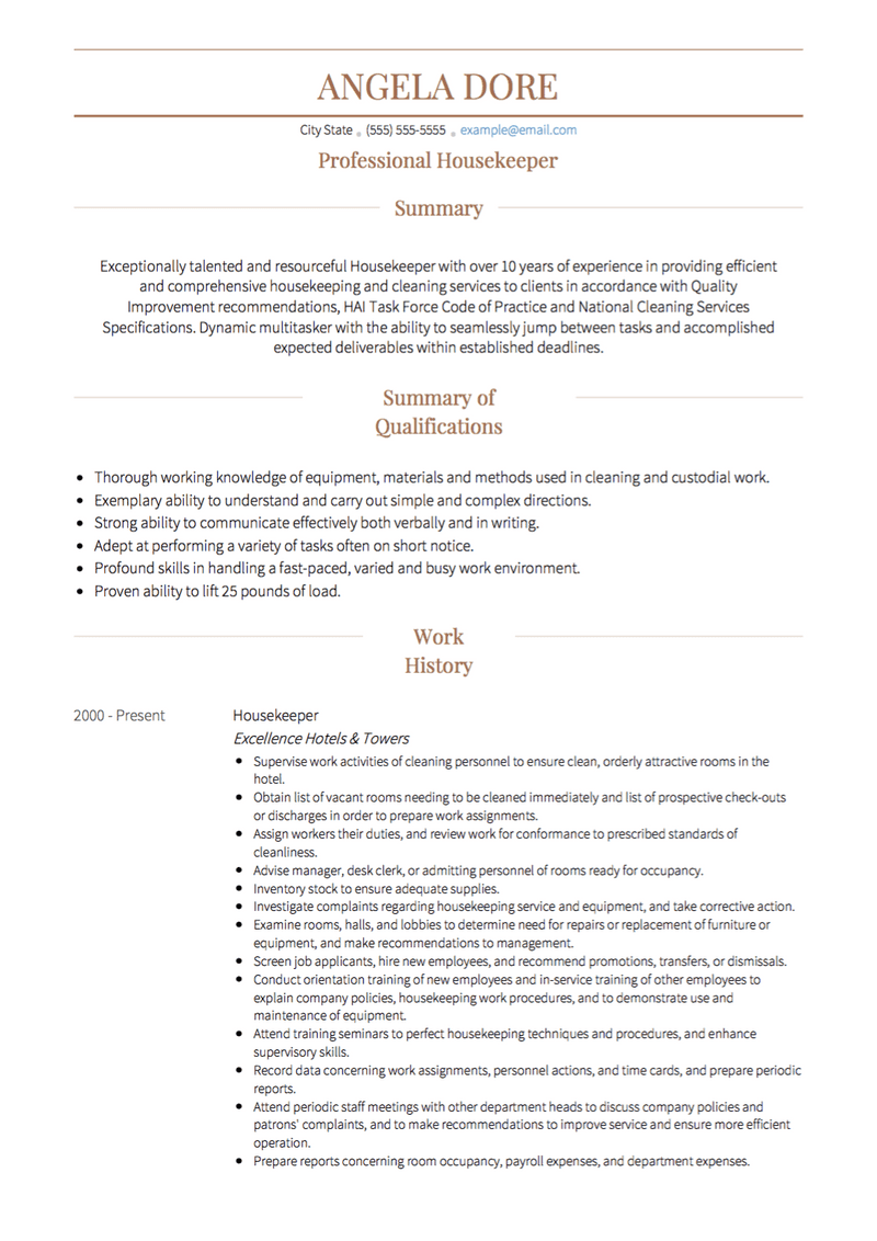 Professional House Keeper CV Example and Template