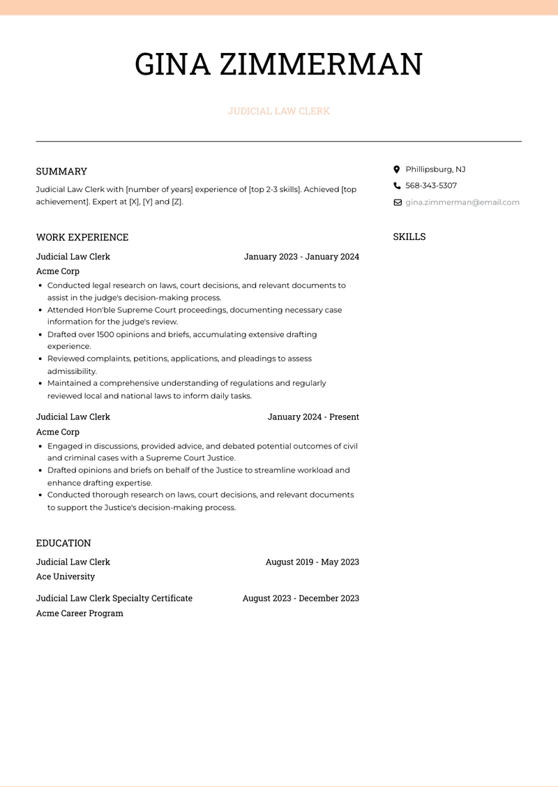 Judicial Law Clerk Resume Sample and Template