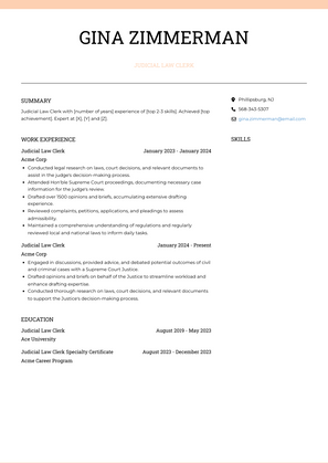 Judicial Law Clerk Resume Sample and Template