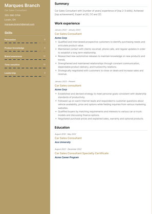 Car Sales Consultant Resume Sample and Template