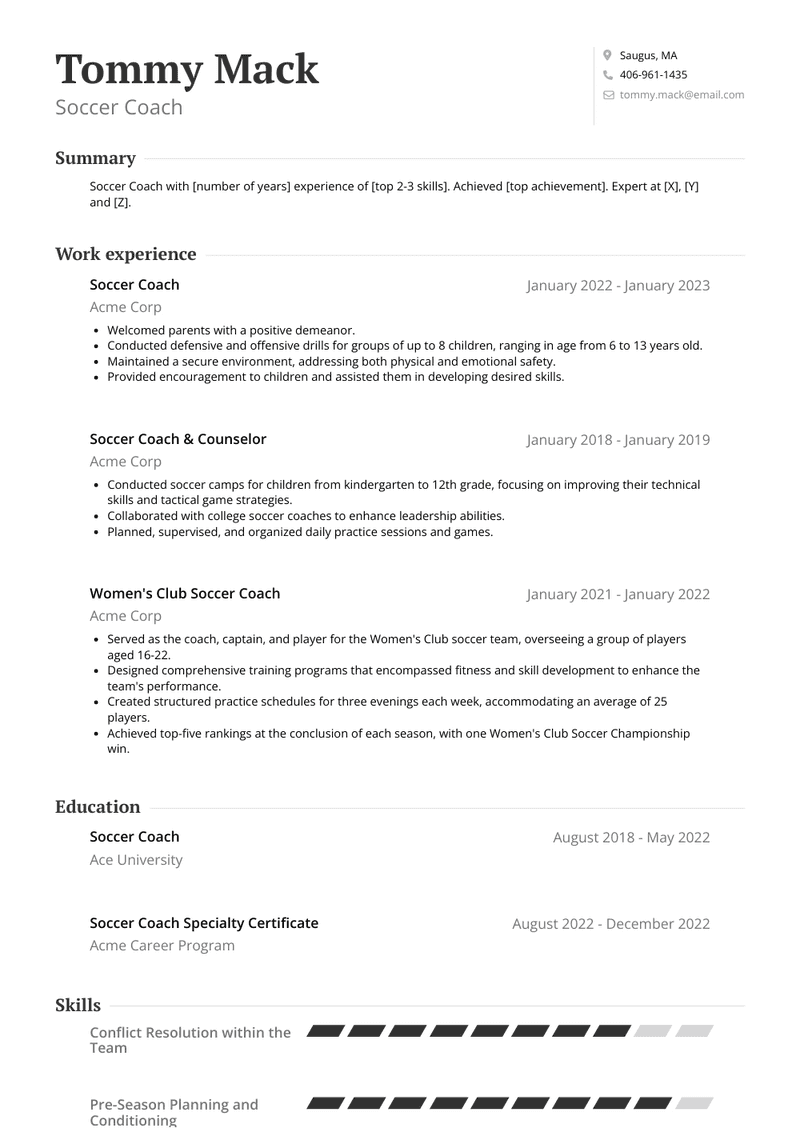 Soccer Coach Resume Sample and Template