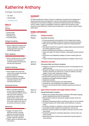 College Counselor CV Example and Template