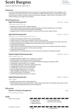 Digital Marketing Resume Sample and Template