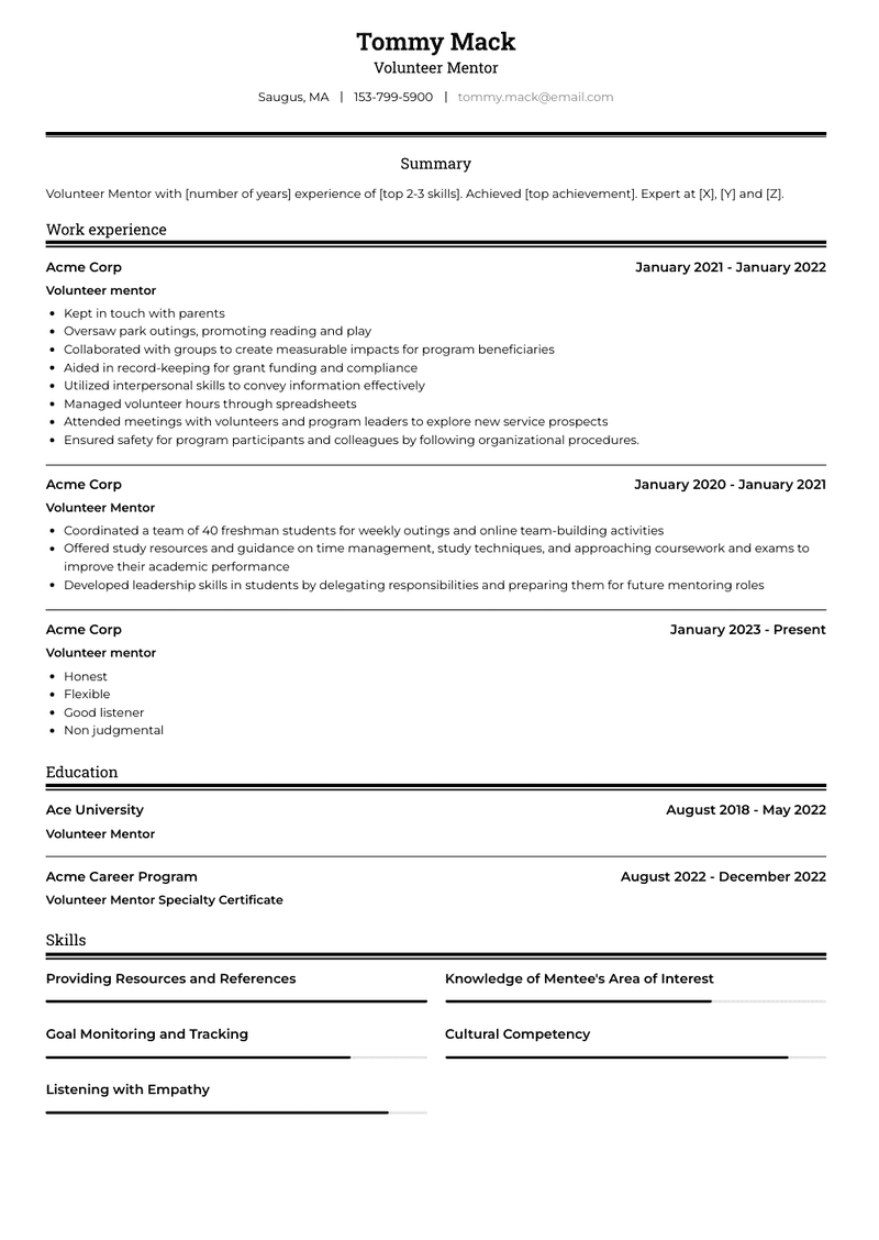 Volunteer Mentor Resume Sample and Template