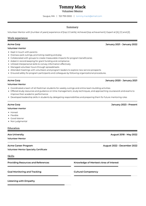 Volunteer Mentor Resume Sample and Template