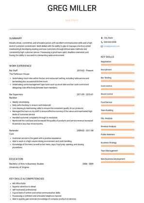 Bar Staff Resume Sample and Template