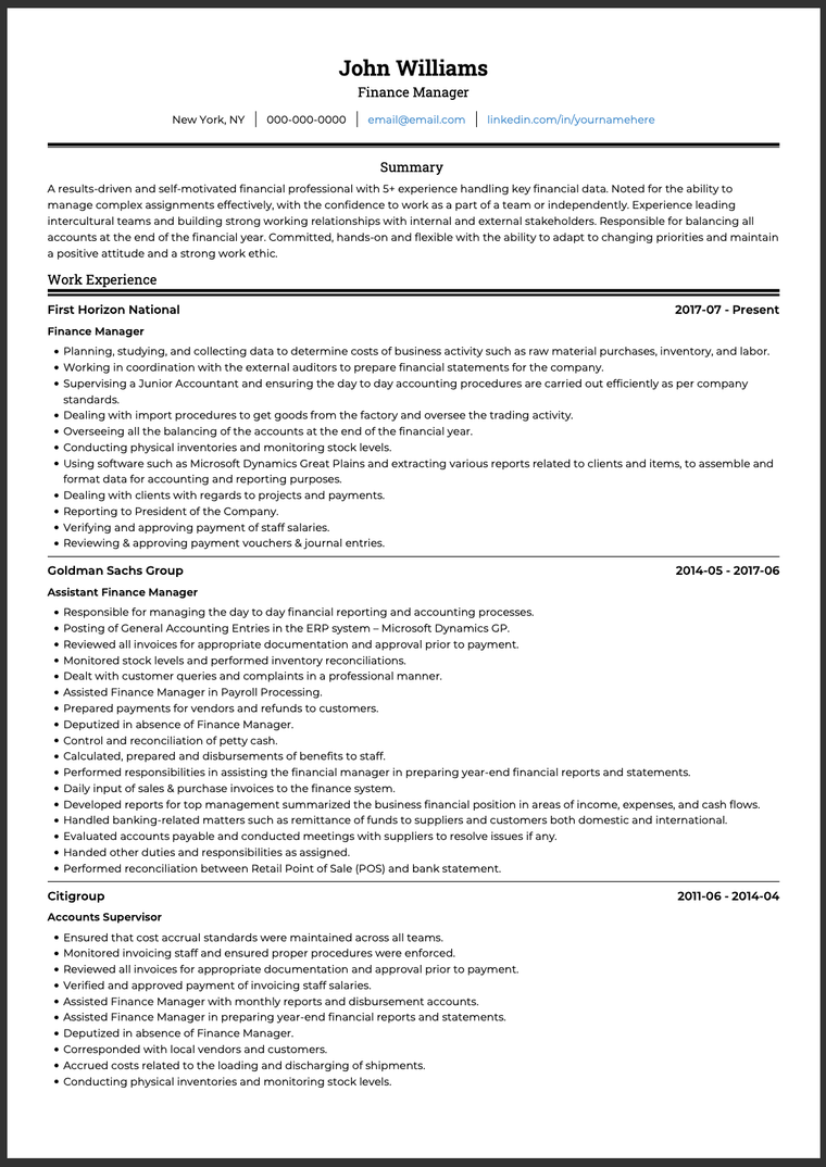 Finance manager CV example