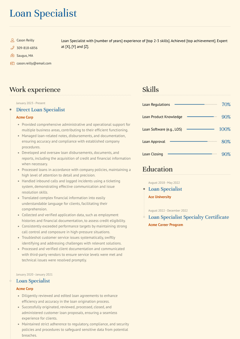 Loan Specialist Resume Sample and Template