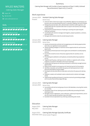 Catering Sales Manager Resume Sample and Template