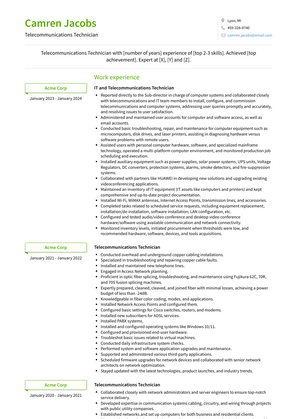 Telecommunications Technician Resume Sample and Template