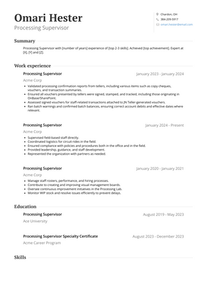 Processing Supervisor Resume Sample and Template