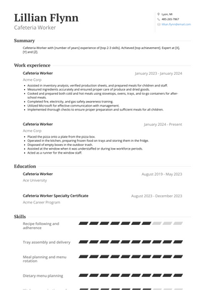 Cafeteria Worker Resume Sample and Template