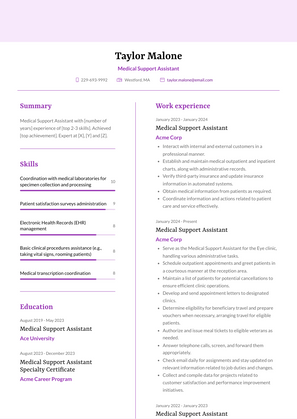 Medical Support Assistant Resume Sample and Template