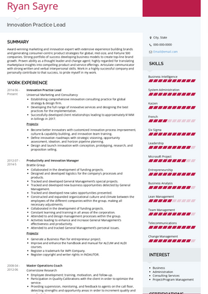 Innovation Practice Lead Resume Sample and Template