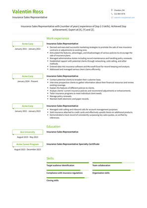 Insurance Sales Representative Resume Sample and Template