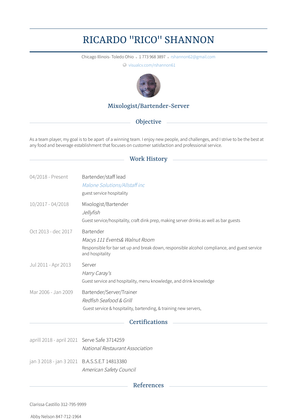 Bartender/Server Resume Sample and Template