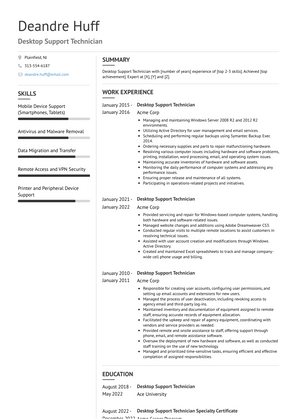 Desktop Support Technician Resume Sample and Template