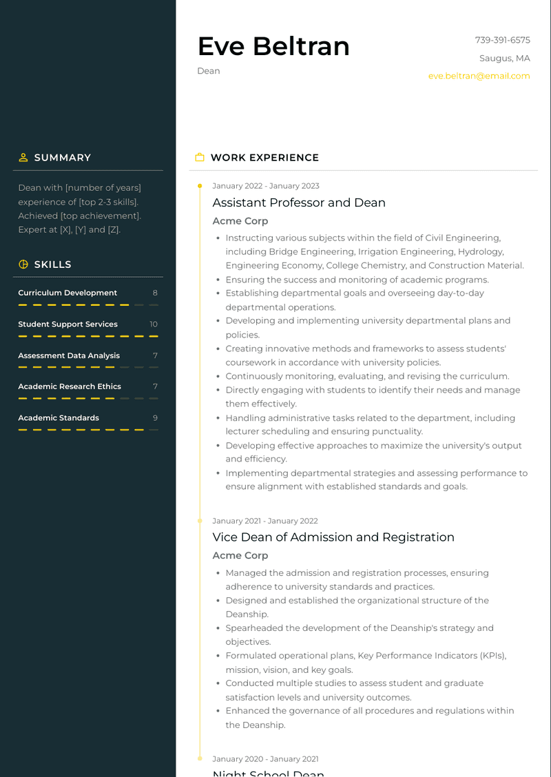 Dean Resume Sample and Template