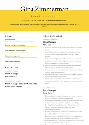 Stock Manager Resume Sample and Template