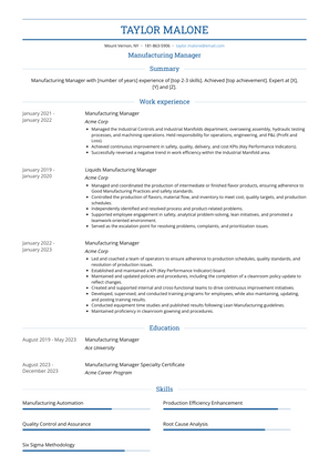 Manufacturing Manager Resume Sample and Template