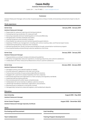 Assistant Restaurant Manager Resume Sample and Template