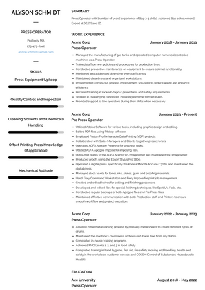 Press Operator Resume Sample and Template