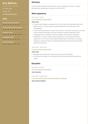 Loss Prevention Specialist Resume Sample and Template