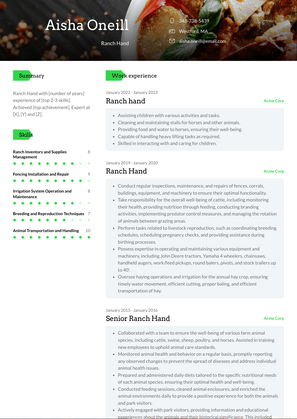 Ranch Hand Resume Sample and Template