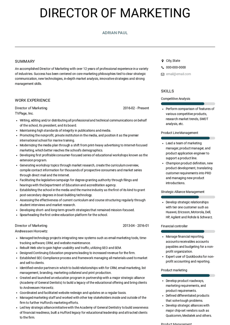 Director of Marketing Resume Sample and Template