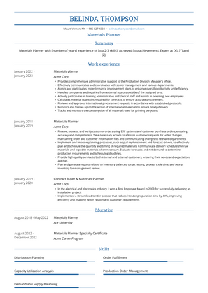 Materials Planner Resume Sample and Template