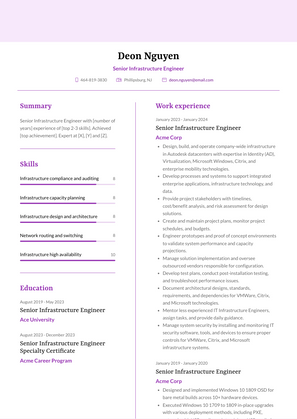 Senior Infrastructure Engineer Resume Sample and Template
