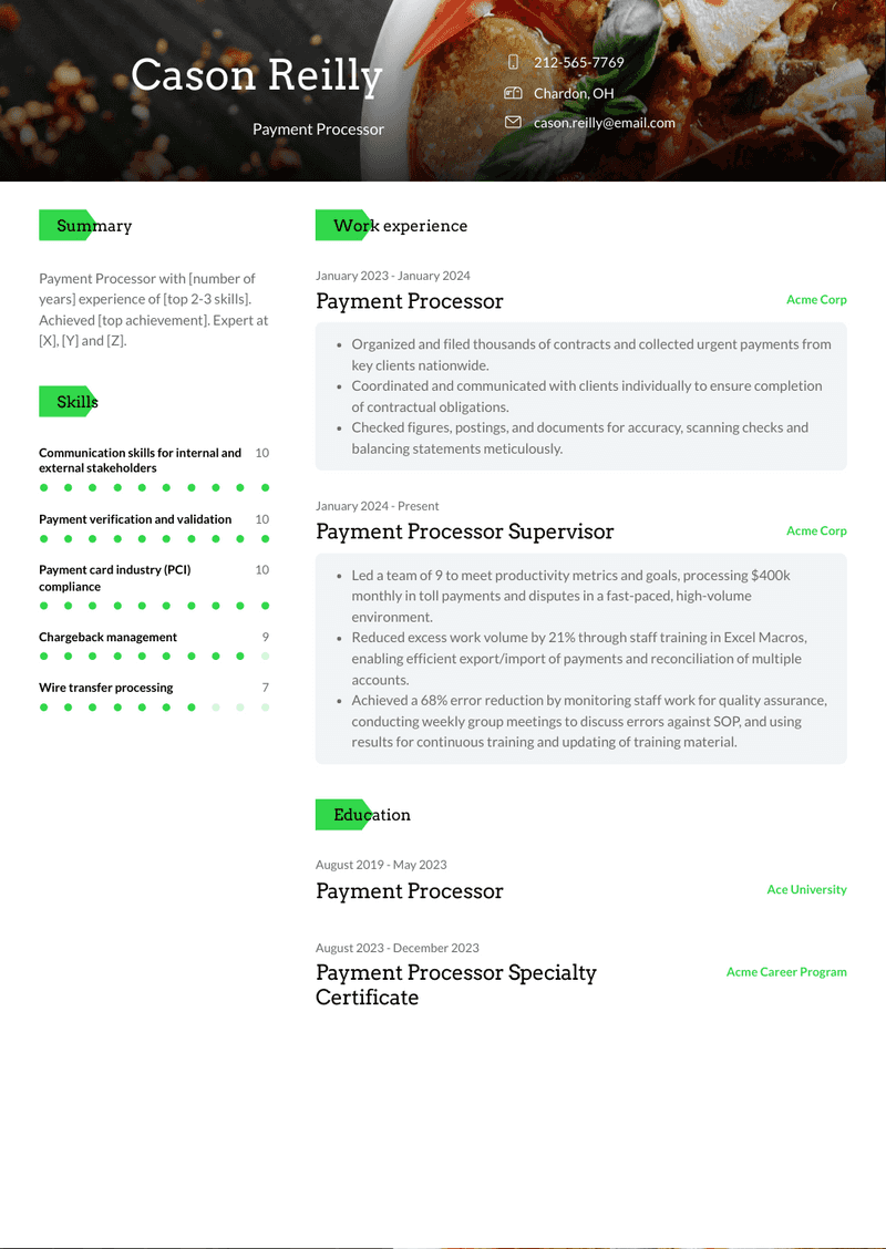 Payment Processor Resume Sample and Template
