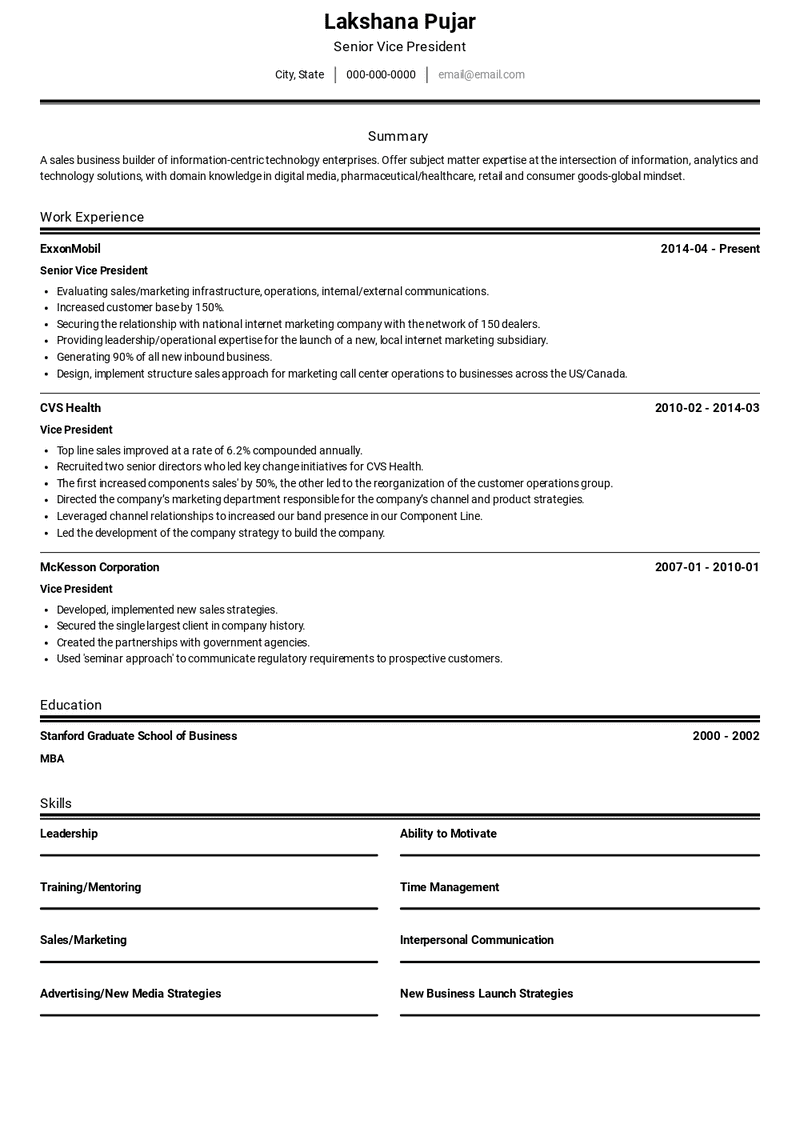 Senior Vice President Resume Sample and Template