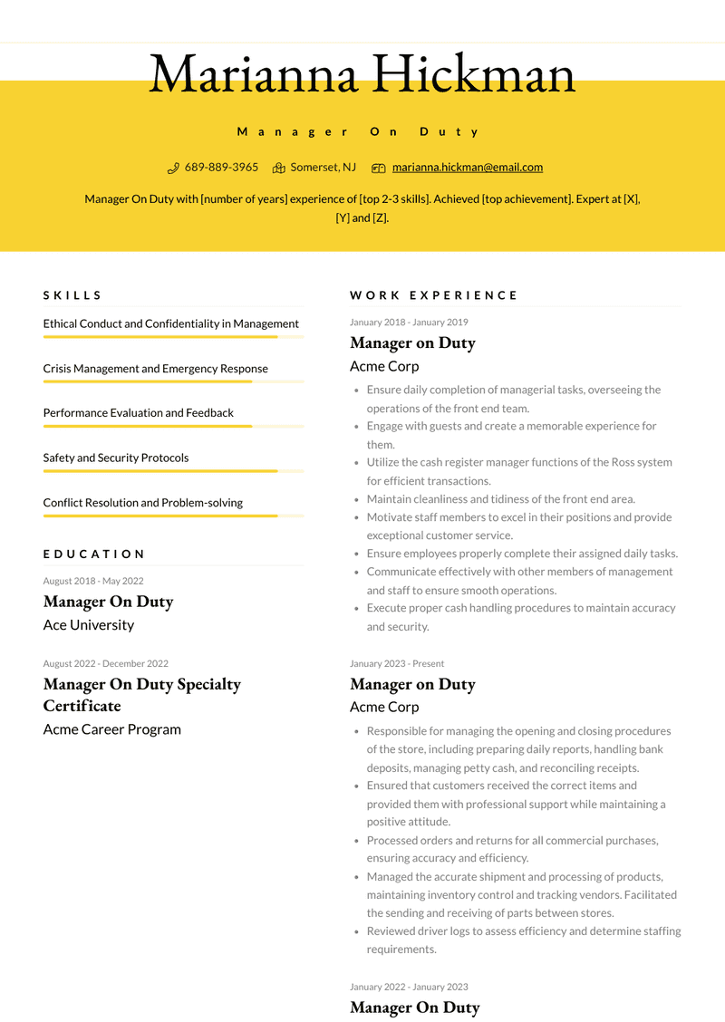 Manager On Duty Resume Sample and Template