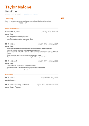 Stock Person Resume Sample and Template