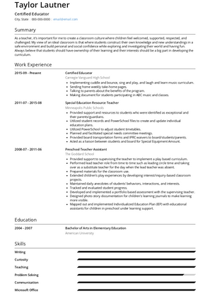 Certified Educator Resume Sample and Template