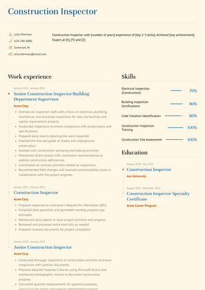 Construction Inspector Resume Sample and Template