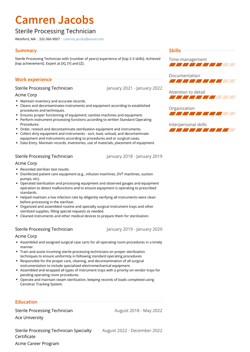 Sterile Processing Technician Resume Sample and Template