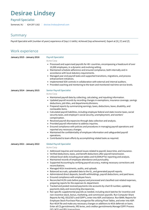 Payroll Specialist Resume Sample and Template