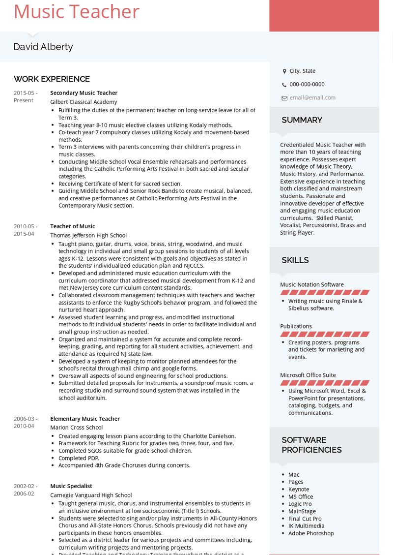 Music Teacher Resume Sample and Template