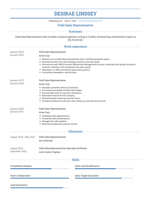 Field Sales Representative Resume Sample and Template