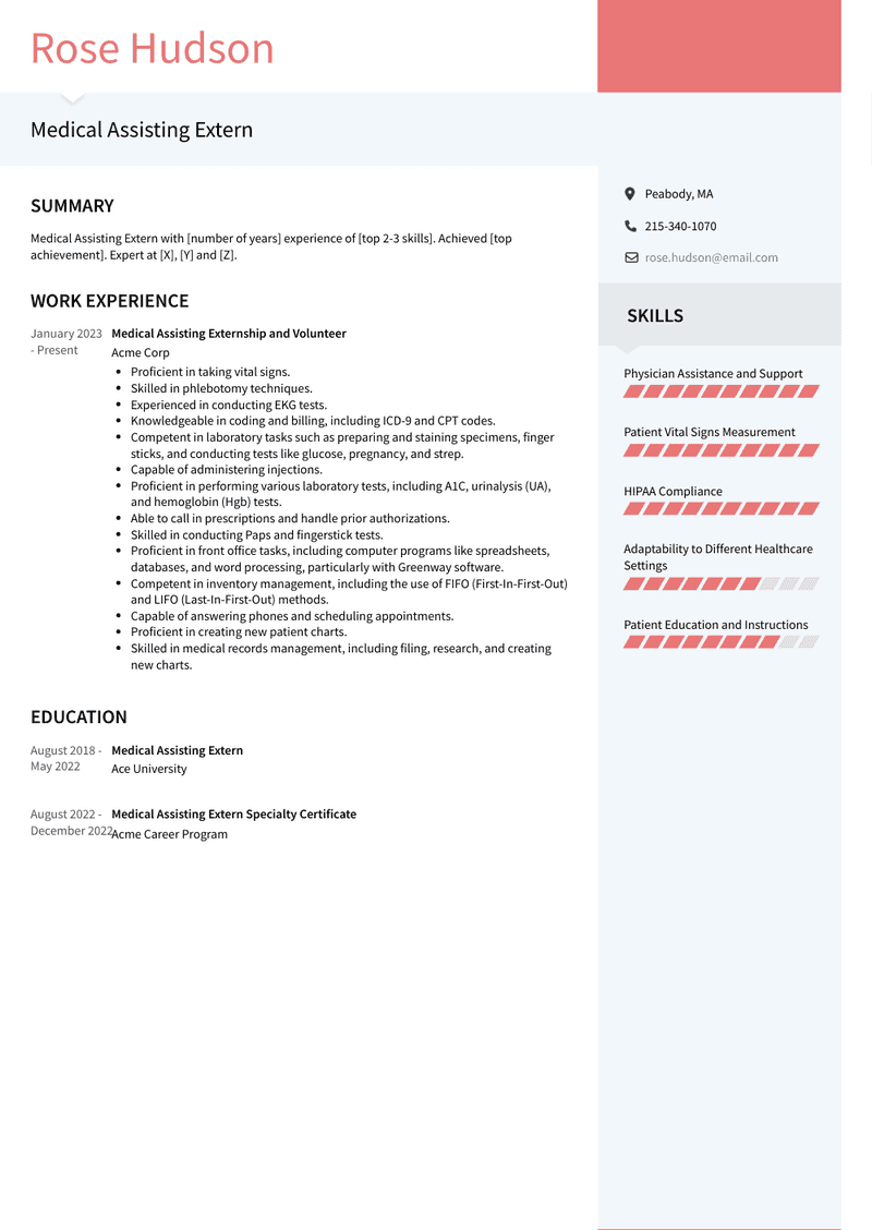 Medical Assisting Extern Resume Sample and Template