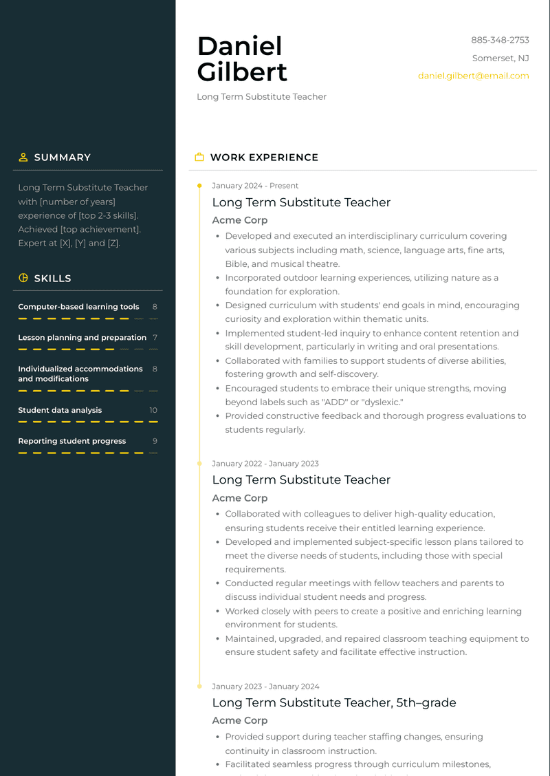 Long Term Substitute Teacher Resume Sample and Template