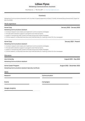 Marketing Communications Assistant Resume Sample and Template